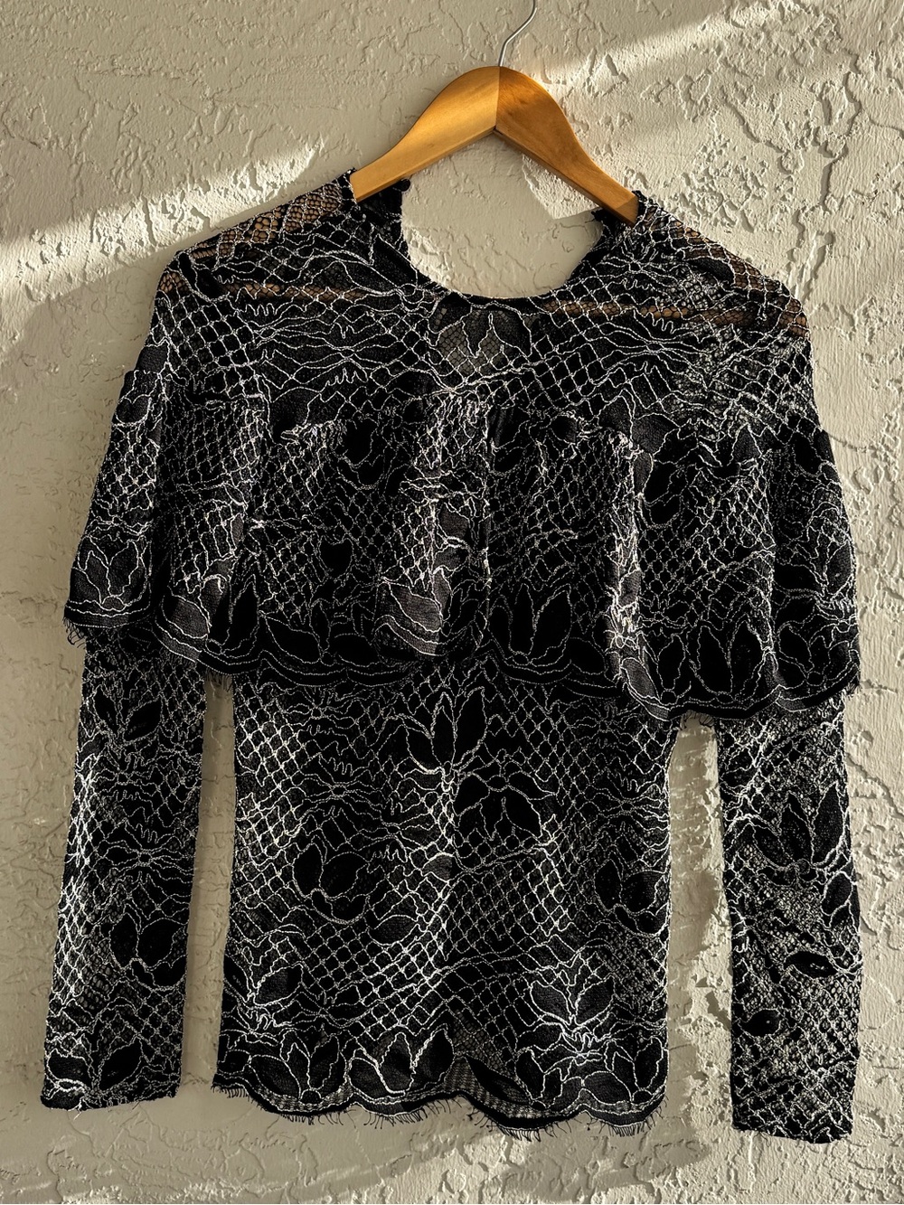 Zara Black Lace Ruffle-Overlay Long Sleeve Top